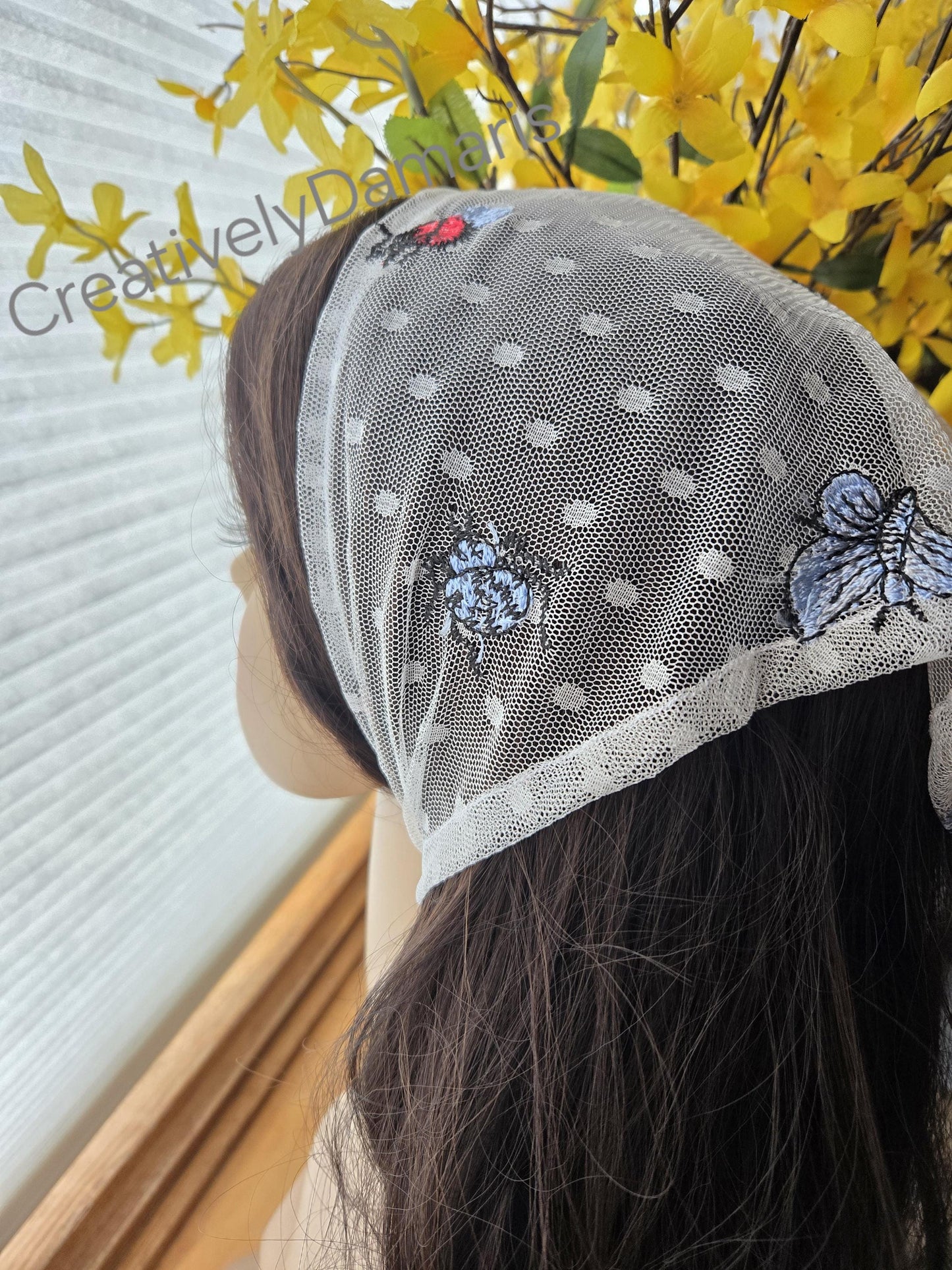 Bee Bug Embroidered White Mesh Lace Headband