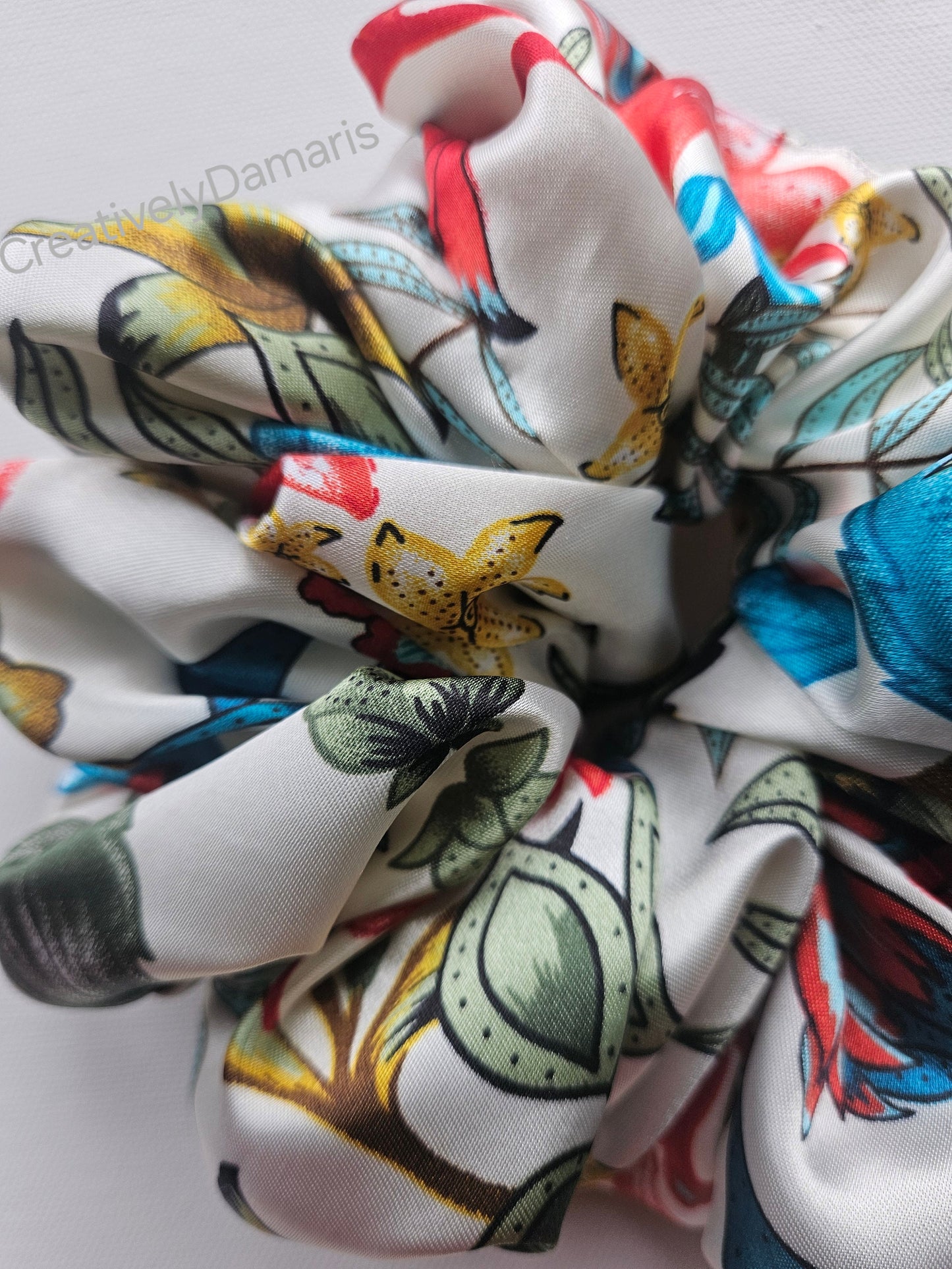 Silky White Charmeuse XL Scrunchie Floral Print