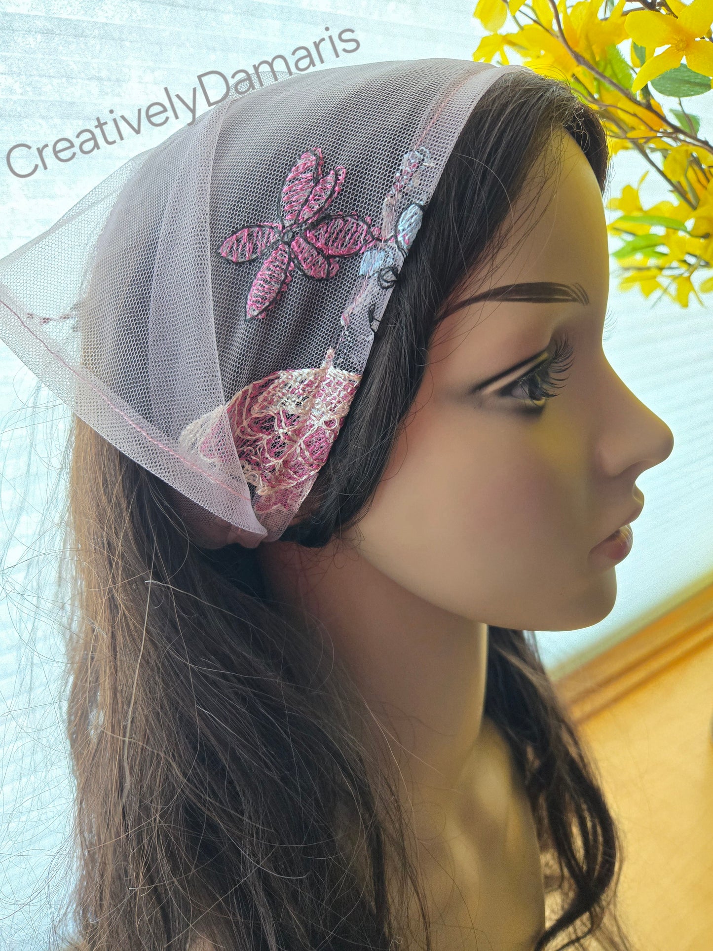 Pink Embroidery Lace Mesh Headband