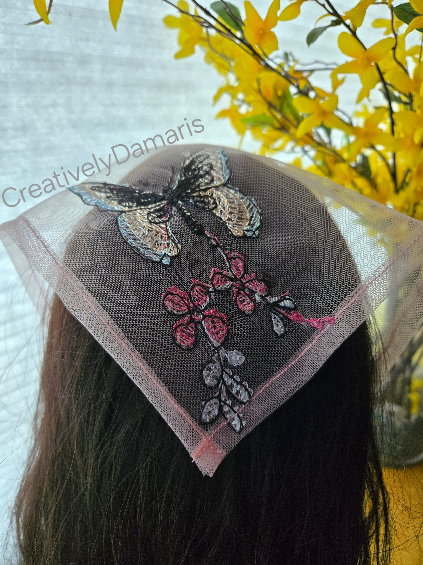 Pink Embroidery Lace Mesh Headband