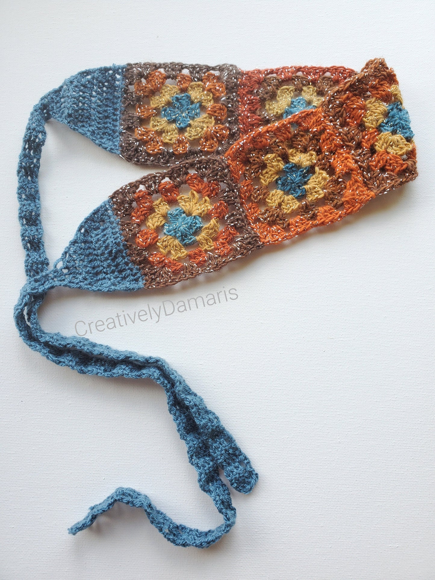 Multicolor Glittery Granny Square Crochet Headband in Warm Tones