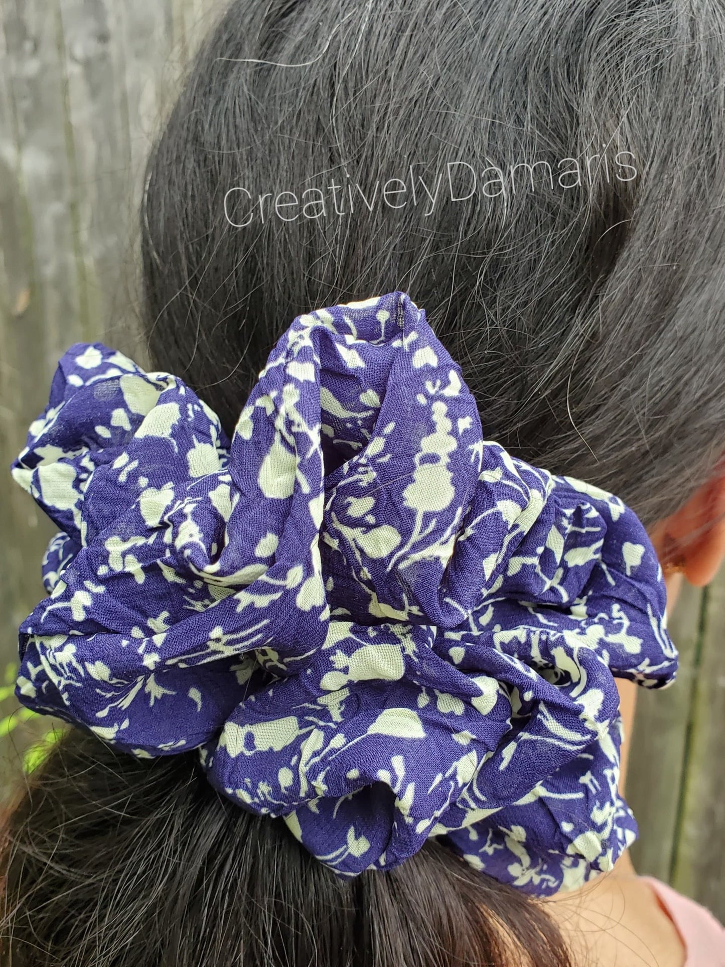 Navy Blue Floral Chiffon XL Scrunchie