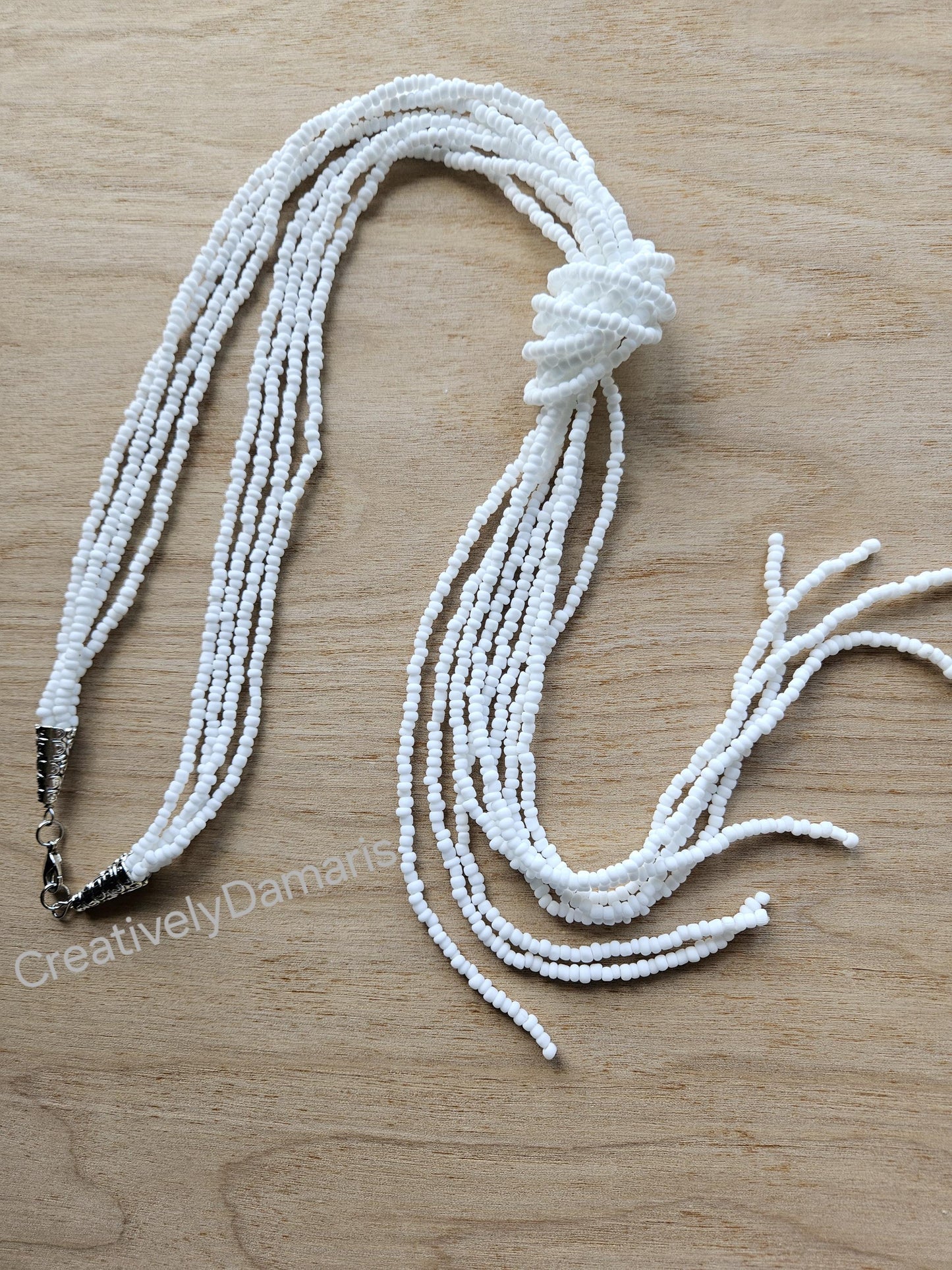 White Matte Seed Beaded Knotted Multi Strand Necklace