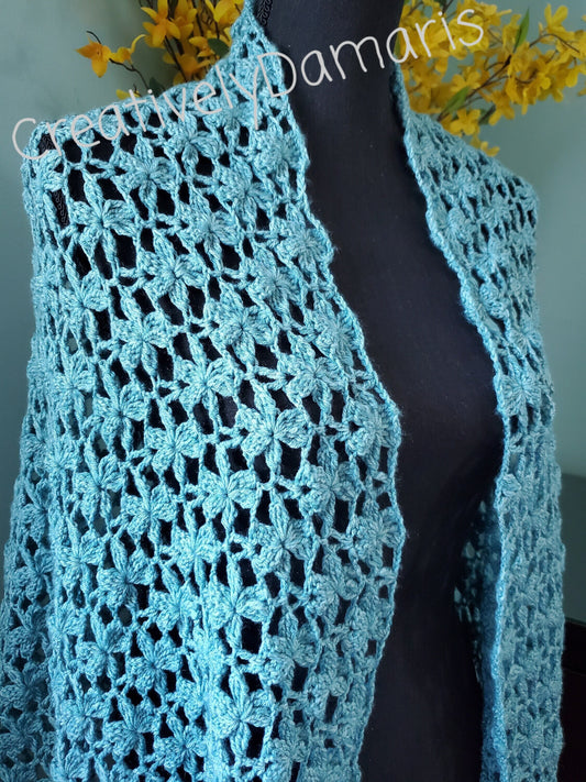Crochet Floral Shawl in Aquamarine