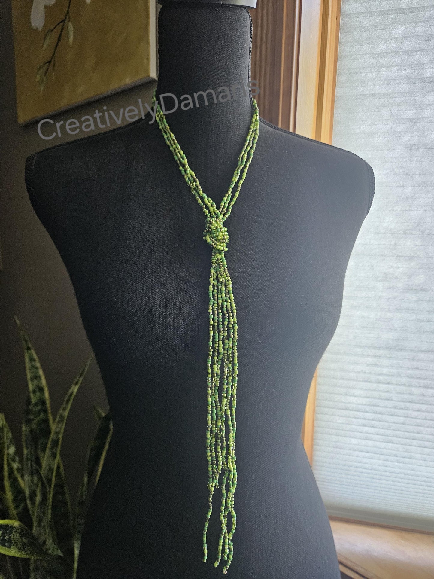 Green Mix Seeds Beaded Multi Strand Long Necklace