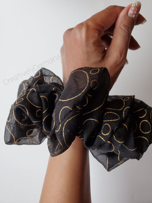Black with Gold Print Chiffon XL Scrunchie