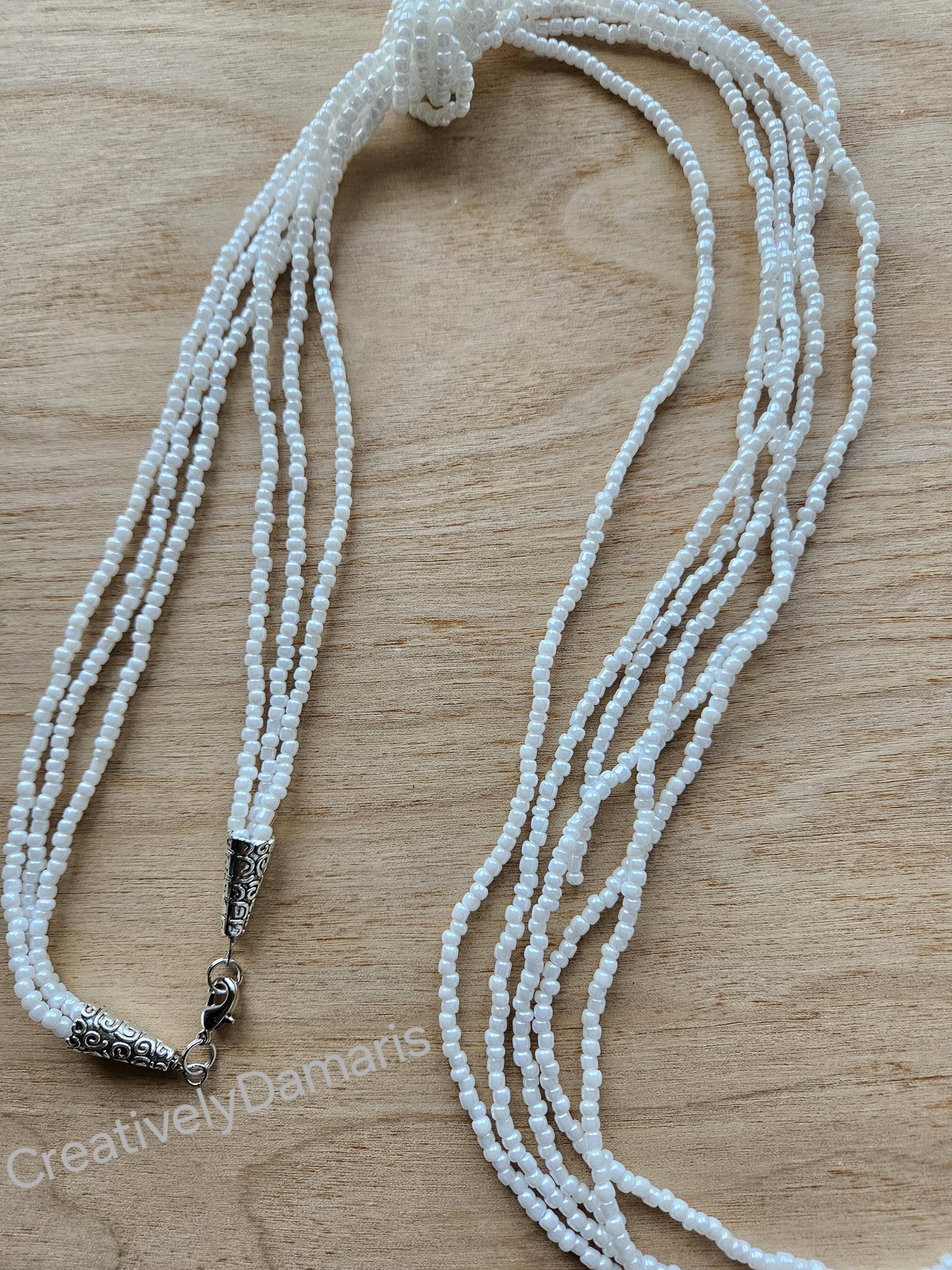 Opaque White Luster Seeds Beaded Knotted Multi Strand  Necklace