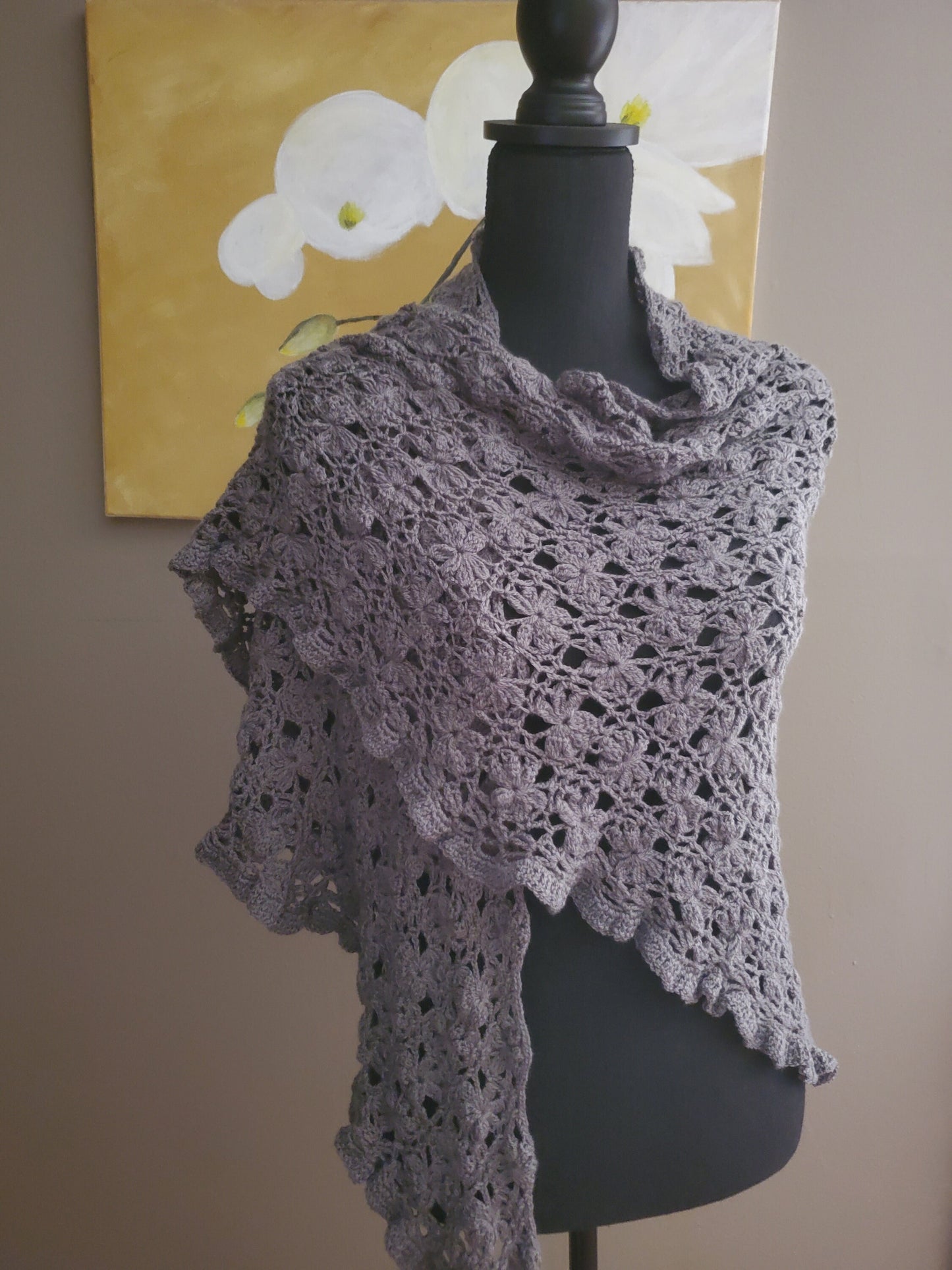 Jasmine Flower Triangular Crochet Shawl in Charcoal