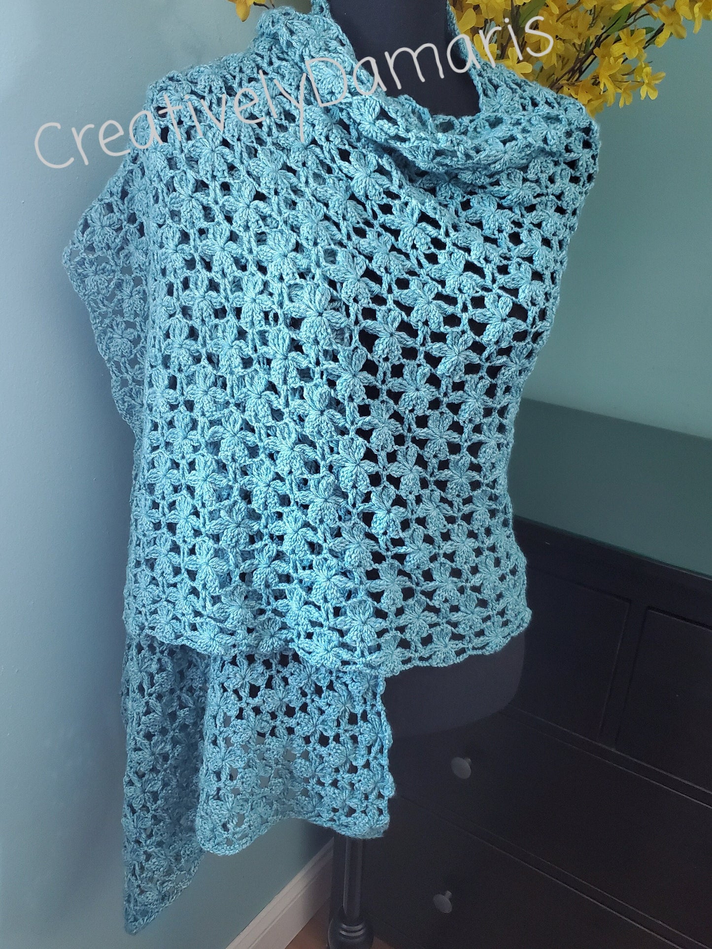 Crochet Floral Shawl in Aquamarine