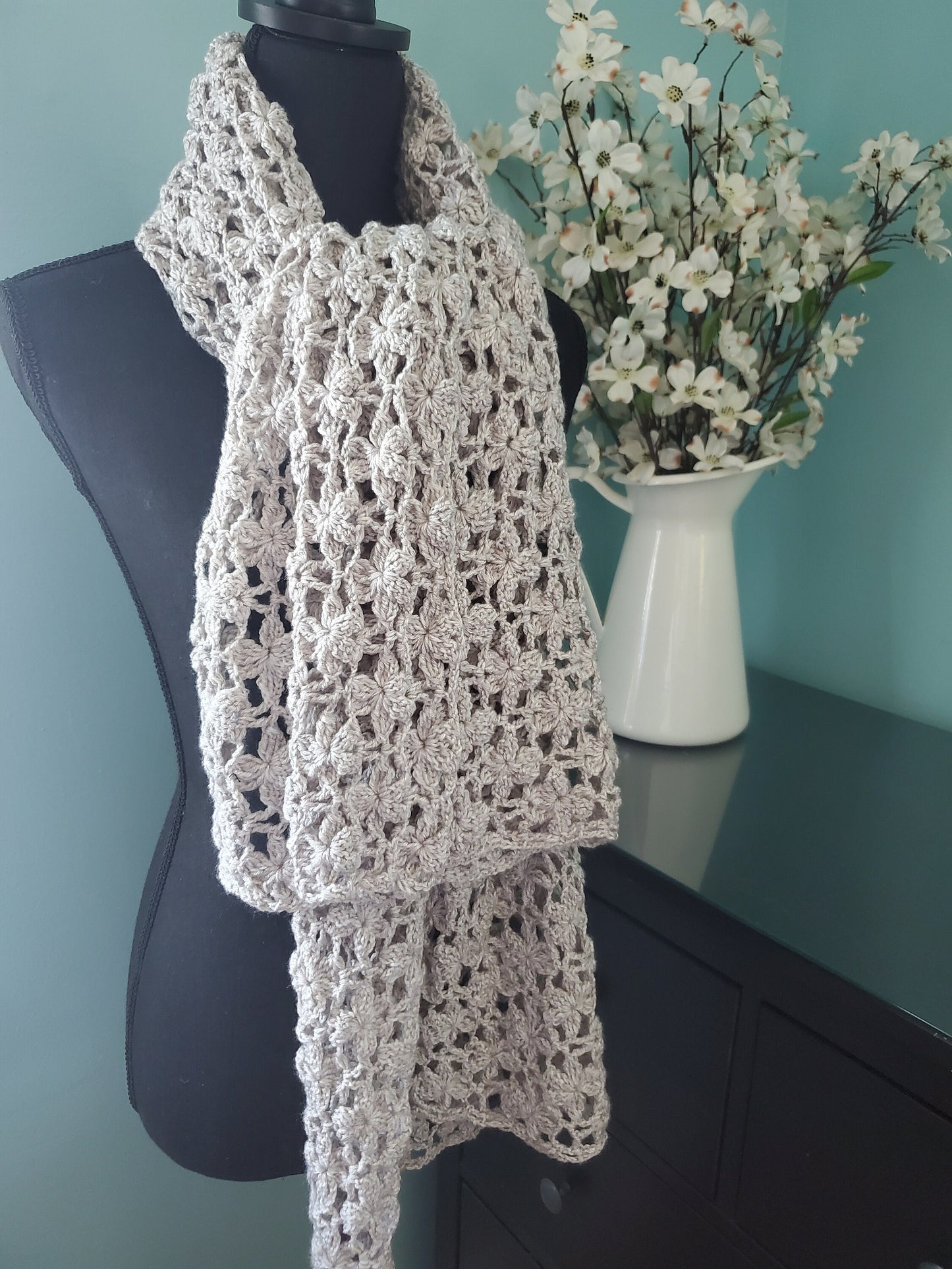 Crochet Floral Shawl in Linen Color