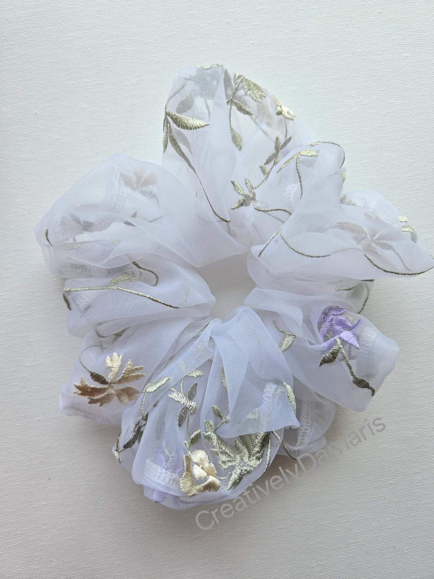 Embroidered Organza Scrunchie with Lilac Floral Print Scrunchie