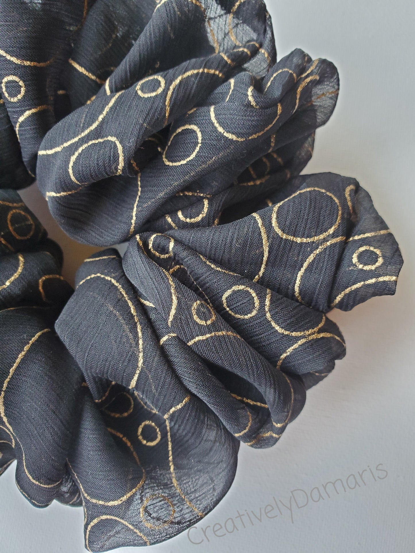 Black with Gold Print Chiffon XL Scrunchie