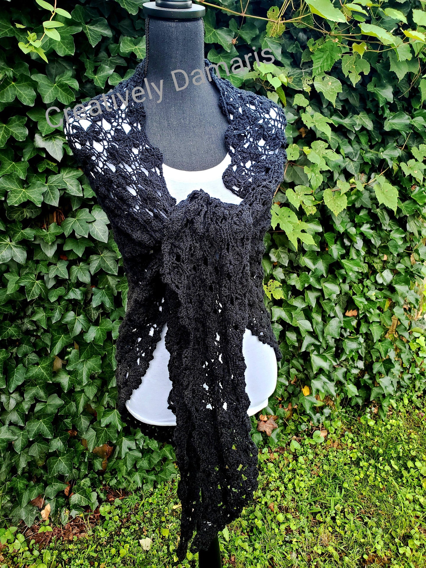 Jasmine Flower Triangular Crochet Shawl in Black