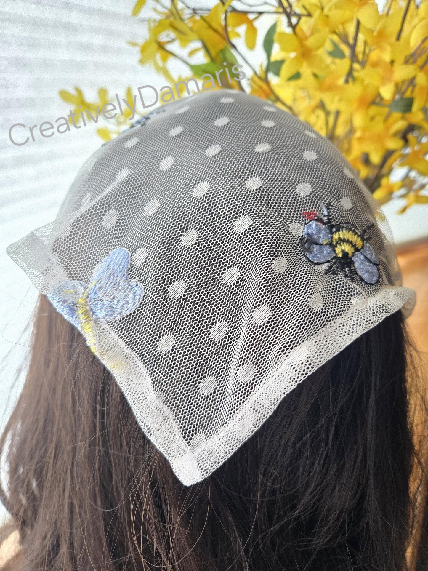 Bee Bug Embroidered White Mesh Lace Headband