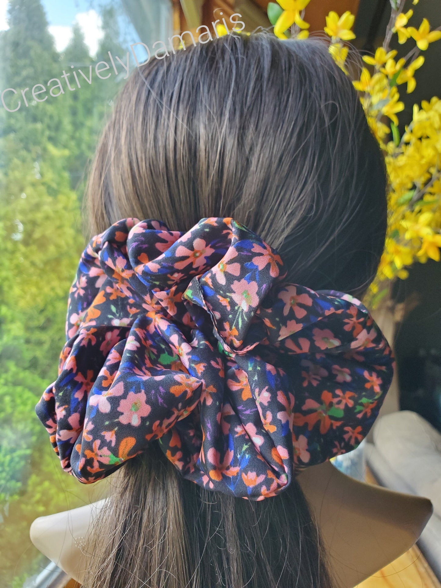 Black with Peach Floral XL Scrunchie in Peach Floral