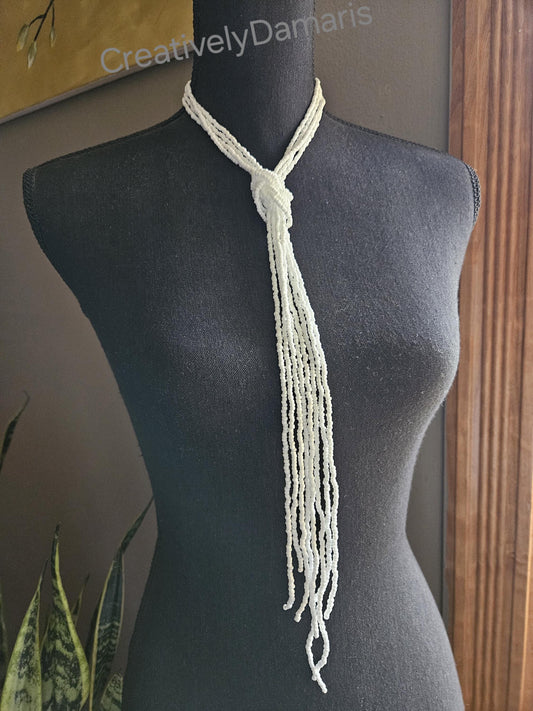 White Matte Seed Beaded Knotted Multi Strand Necklace