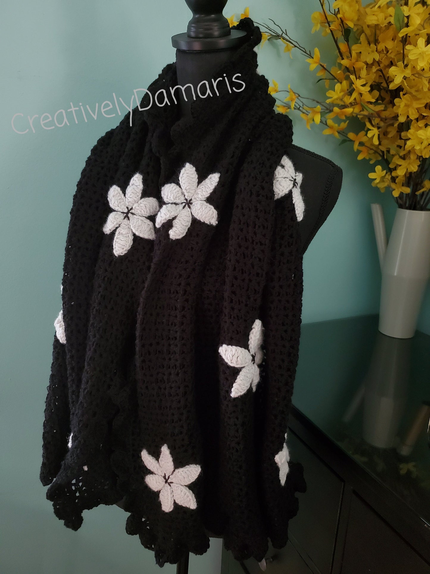 Crochet Shawl Black with Beige Color Flowers