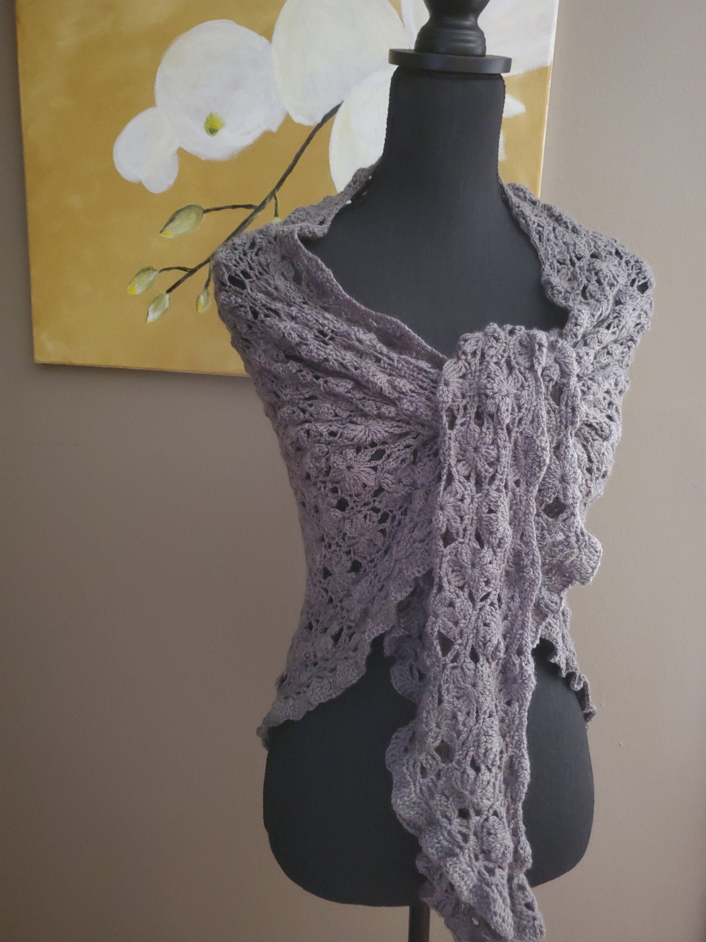 Jasmine Flower Triangular Crochet Shawl in Charcoal