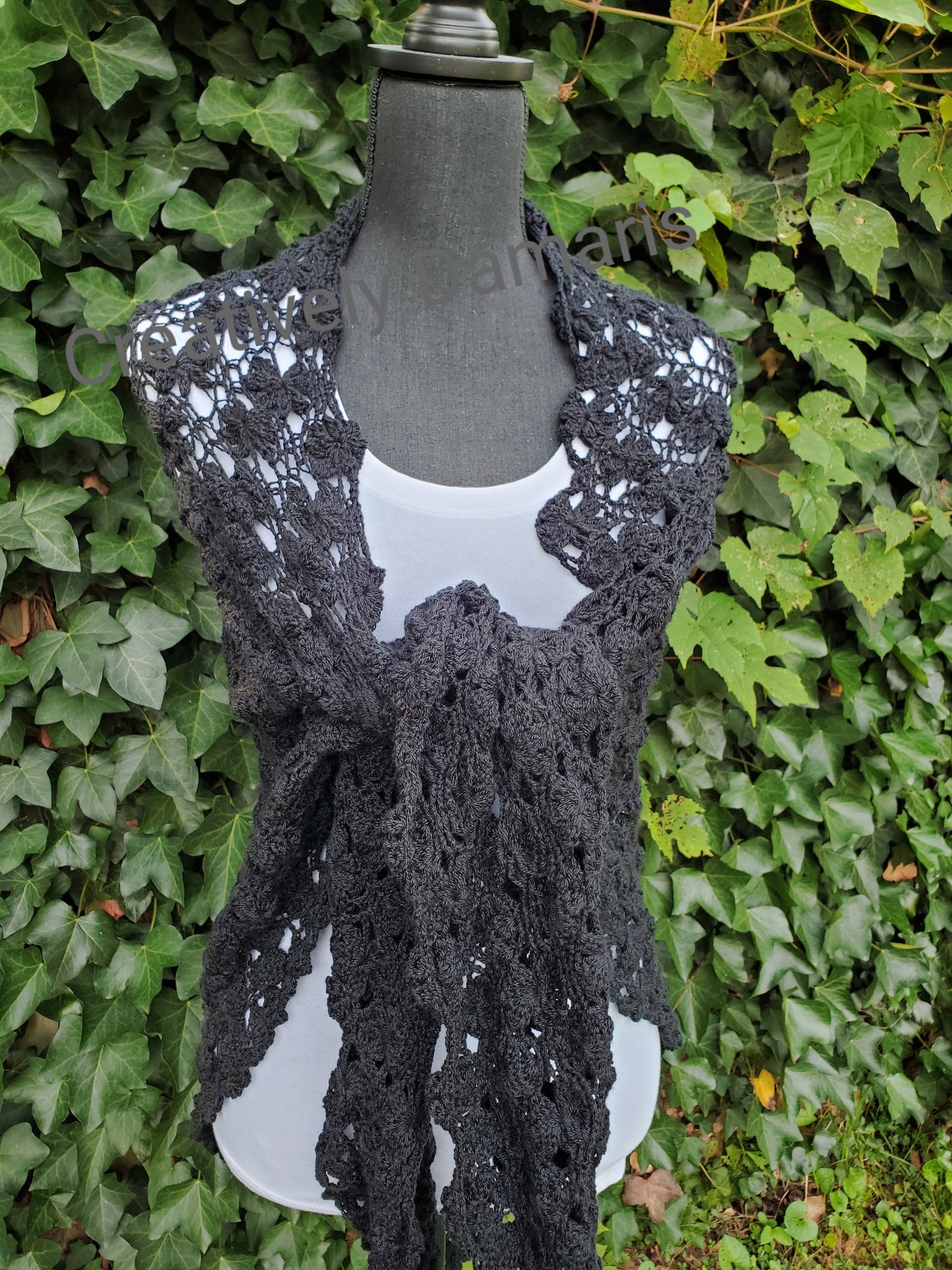 Jasmine Flower Triangular Crochet Shawl in Black