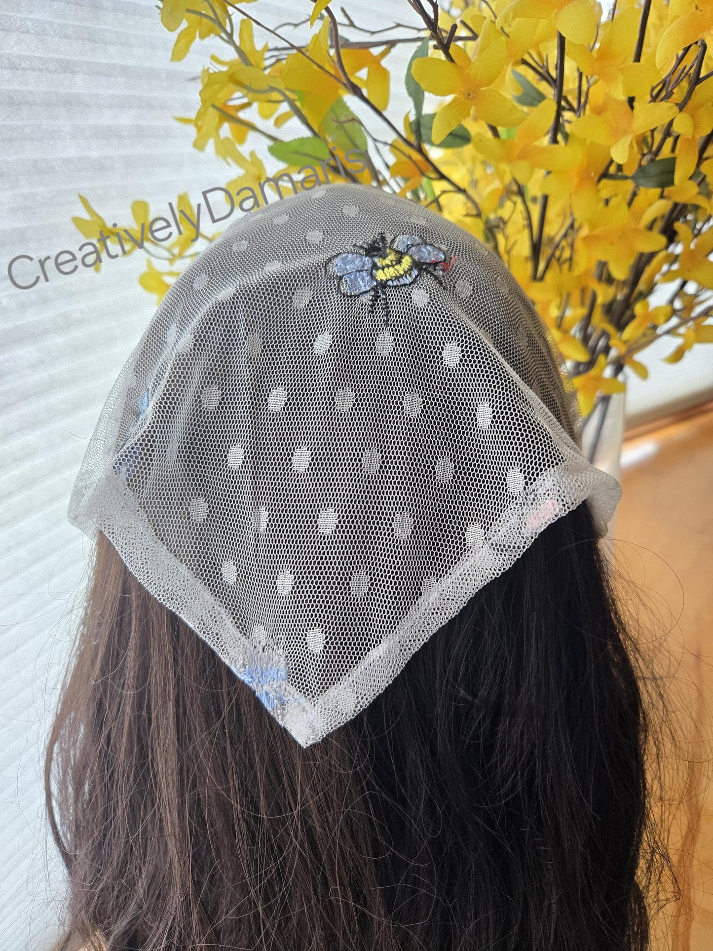 Bee Bug Embroidered White Mesh Lace Headband