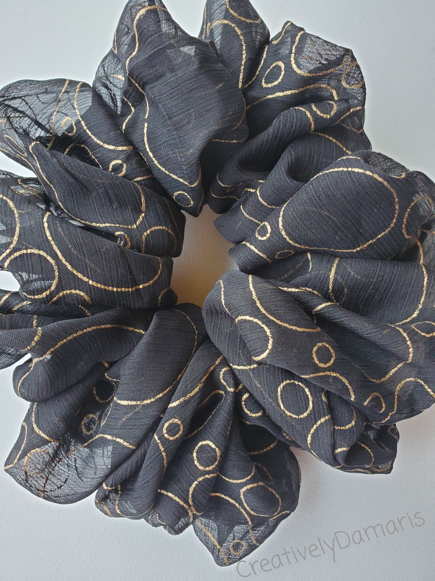 Black with Gold Print Chiffon XL Scrunchie