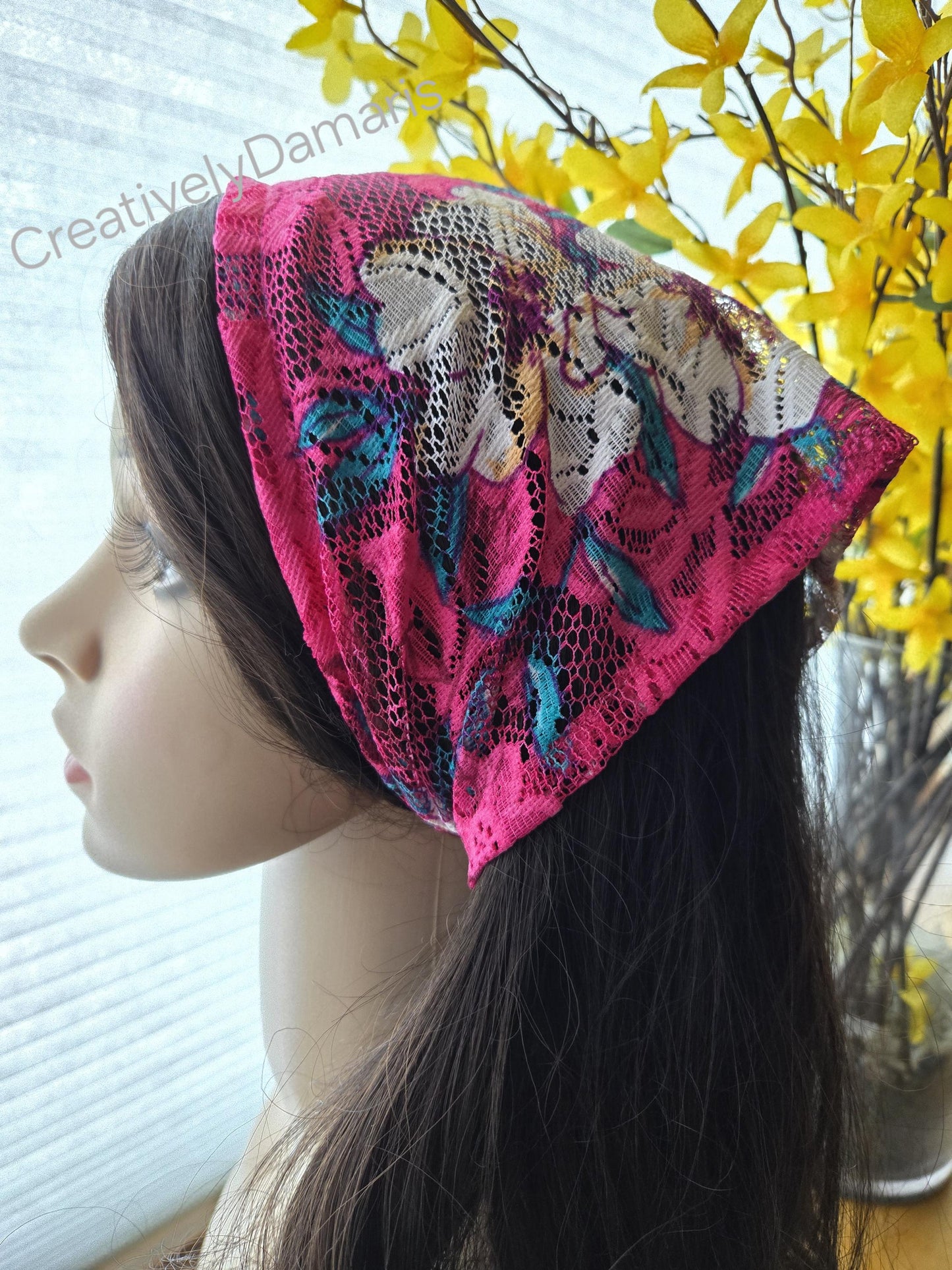 Floral Printed Lace Mesh Head Kerchief
