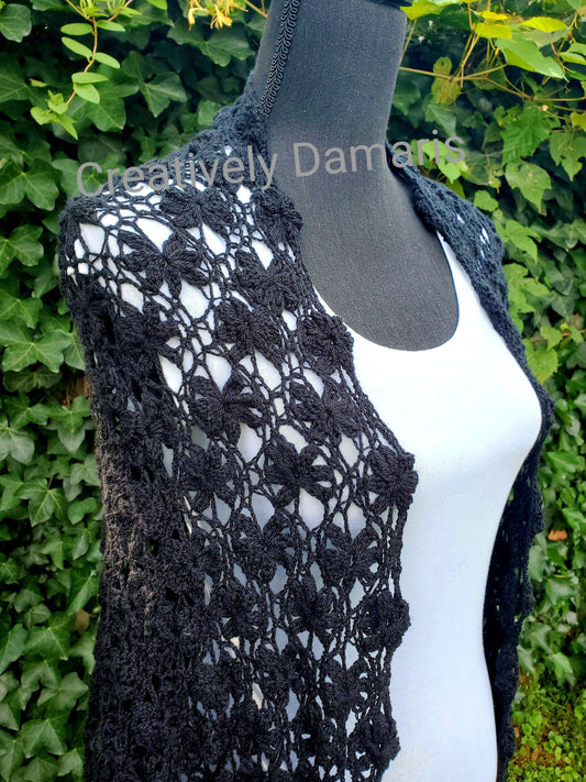Jasmine Flower Triangular Crochet Shawl in Black