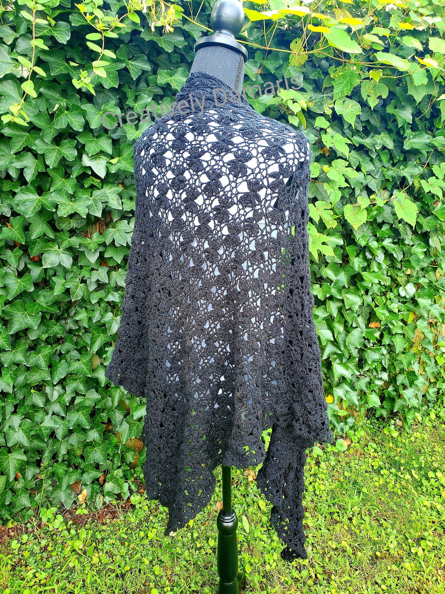 Jasmine Flower Triangular Crochet Shawl in Black