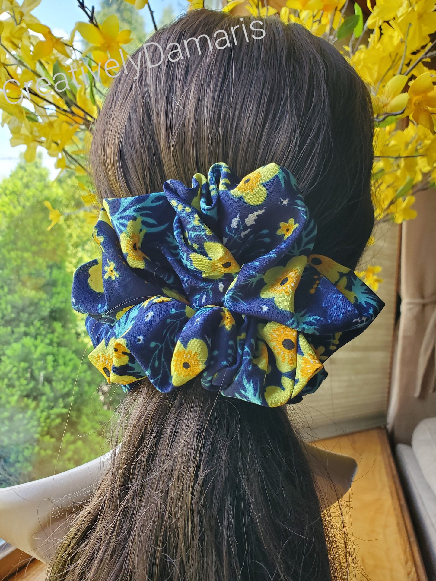 Navy Blue XL Scrunchie with Yellow Floral