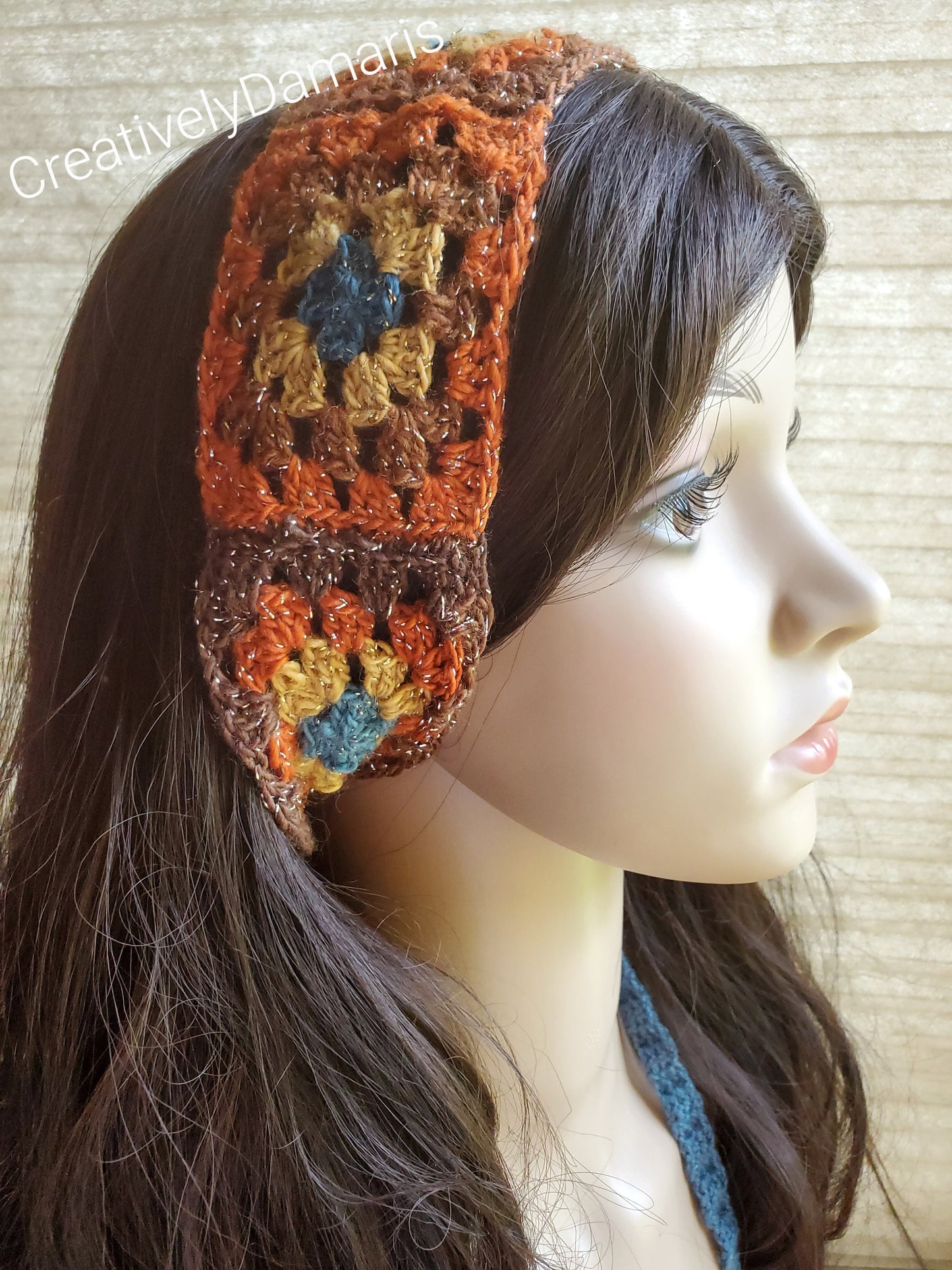 Multicolor Glittery Granny Square Crochet Headband in Warm Tones