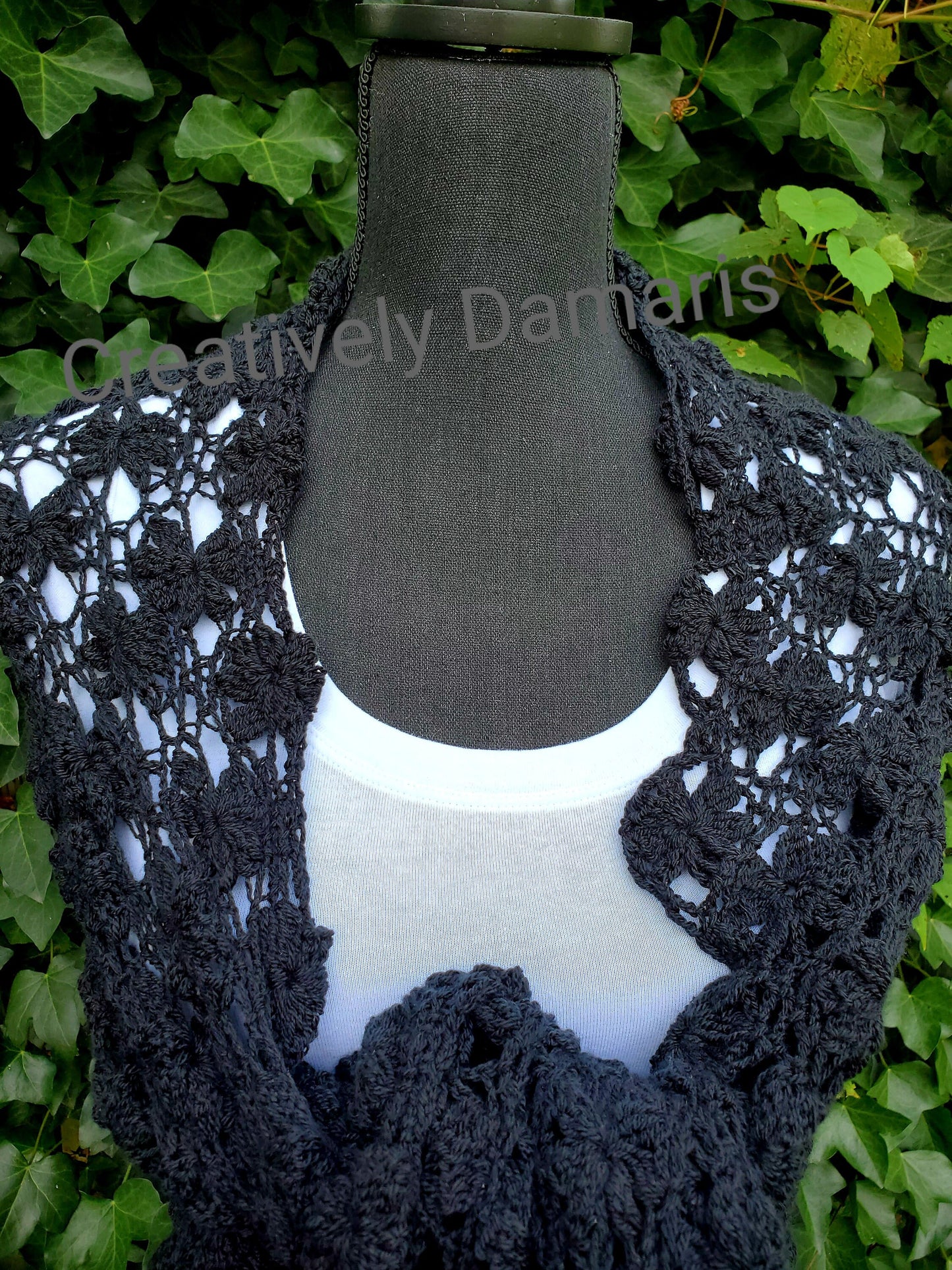 Jasmine Flower Triangular Crochet Shawl in Black